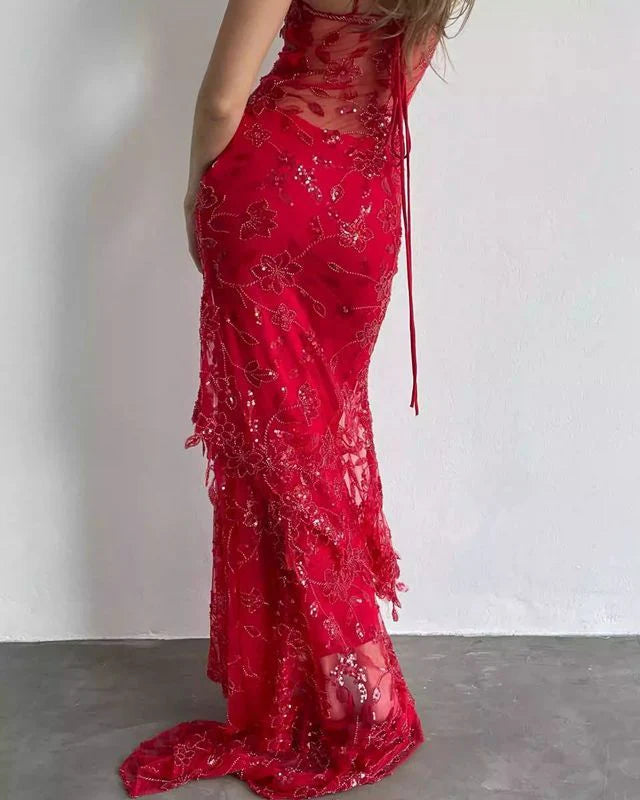 Spaghetti Straps Floor Length Charming Red Lace Sheath Long Prom Dress
