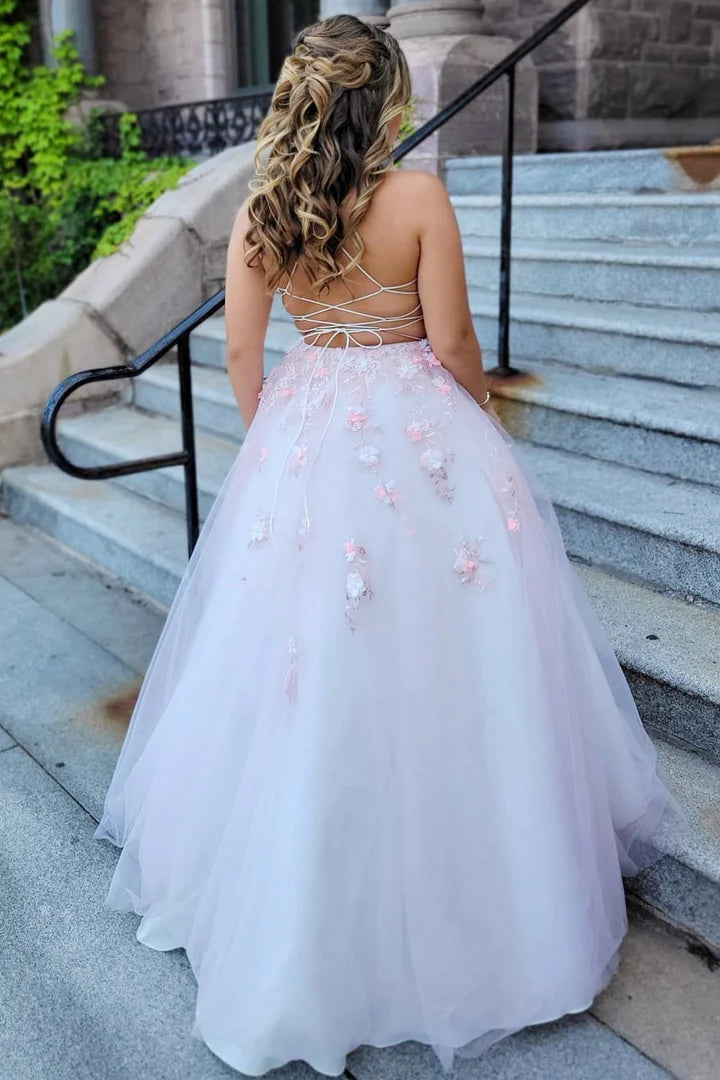 Spaghetti Straps Pink Tulle Lace-Up Back Ball Prom Gown with 3D Floral Lace