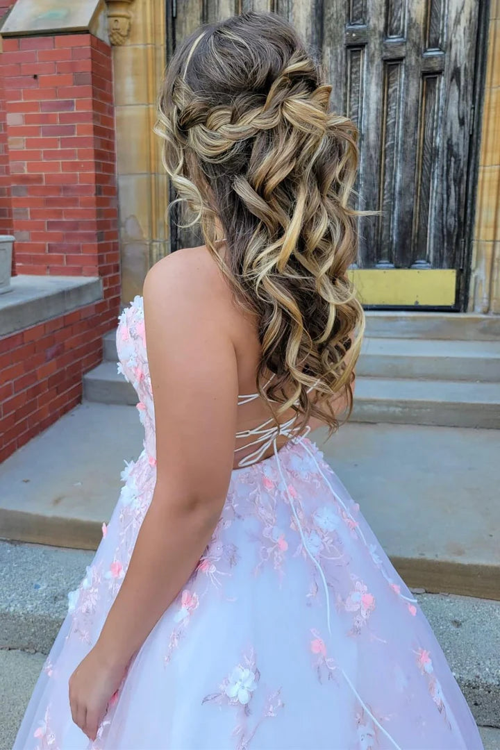 Spaghetti Straps Pink Tulle Lace-Up Back Ball Prom Gown with 3D Floral Lace