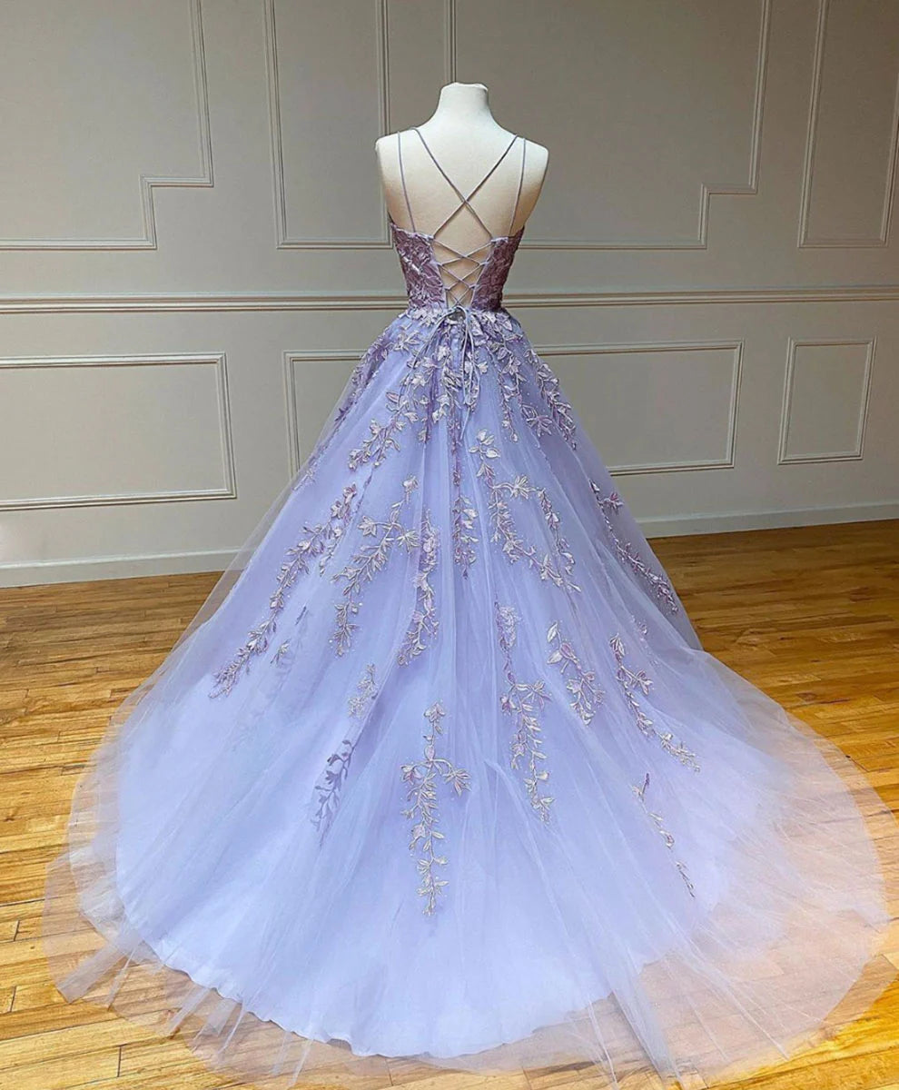 Spaghetti Straps Tulle Lace Floor Length Prom Dress