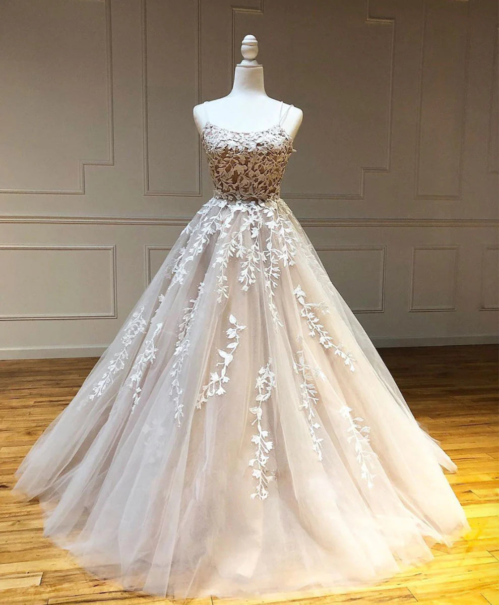 Spaghetti Straps Tulle Lace Floor Length Prom Dress