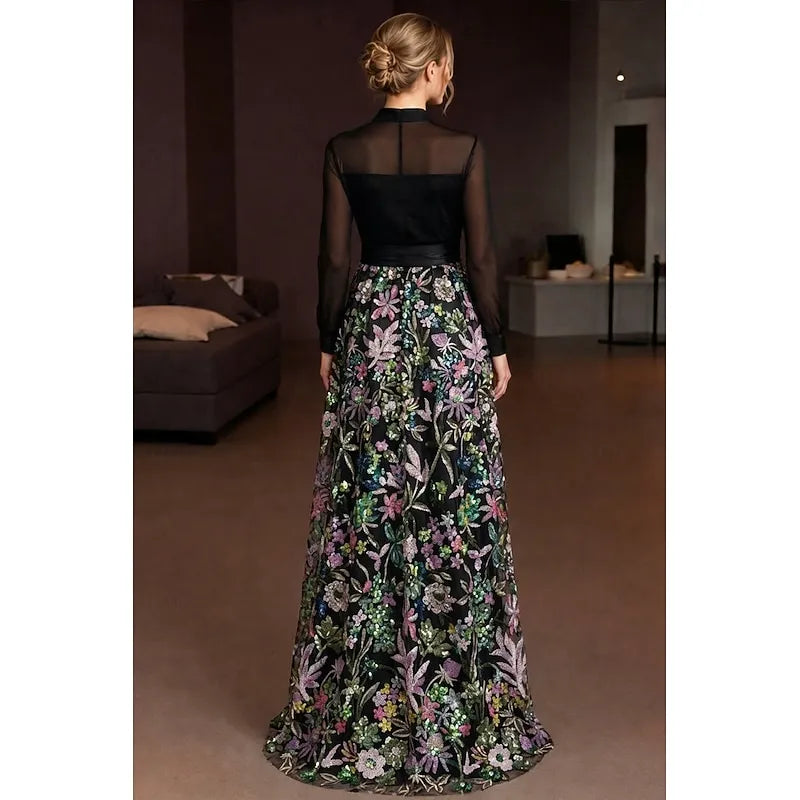 Sparkle A-Line Long Sleeve V Neck Satin Sequins Floor-Length Mother Of The Bride Dress