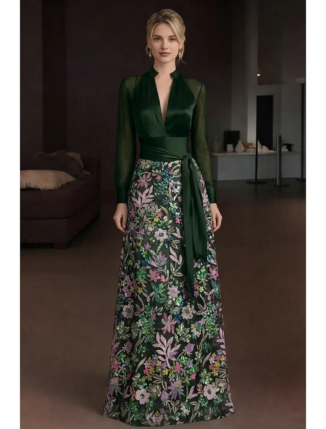 Sparkle A-Line Long Sleeve V Neck Satin Sequins Floor-Length Mother Of The Bride Dress