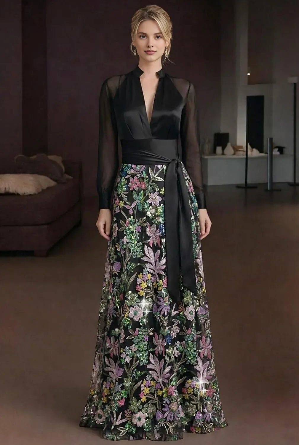 Sparkle A-Line Long Sleeve V Neck Satin Sequins Floor-Length Mother Of The Bride Dress