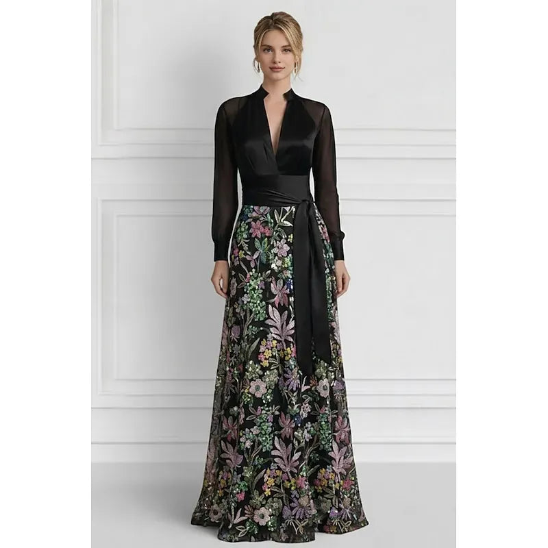 Sparkle A-Line Long Sleeve V Neck Satin Sequins Floor-Length Mother Of The Bride Dress