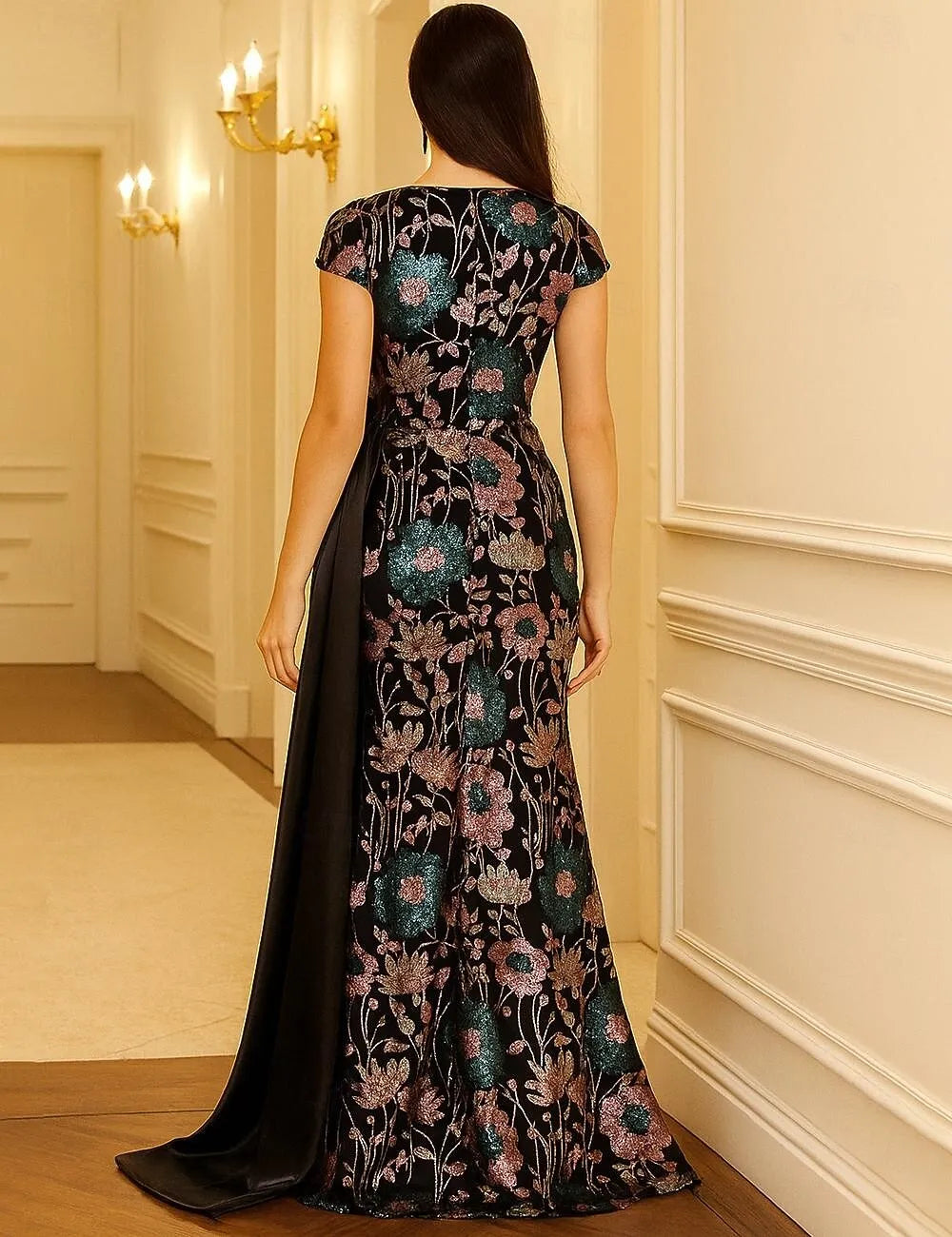 Sparkle A-Line Short Sleeve V Neck Sequins Pleated Floor-Length Evening Dress