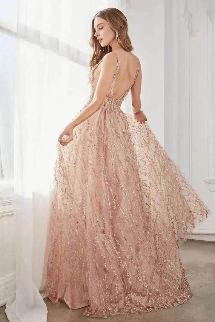 Sparkle A-Line V Neck Sleeveless Backless Floor-Length Prom Dress