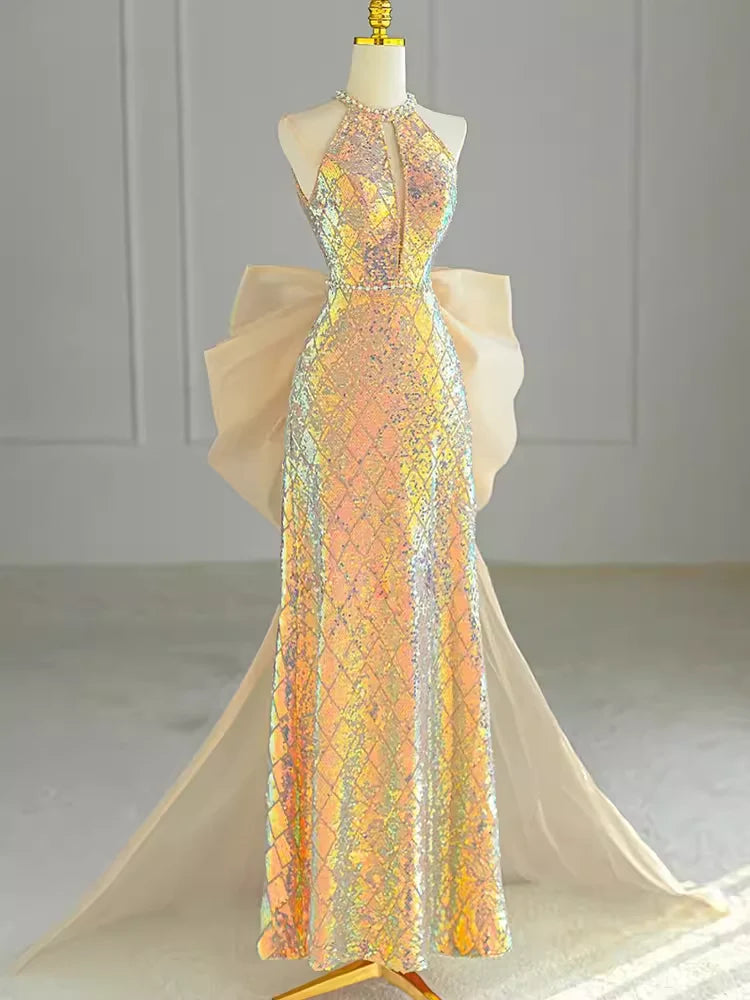 Vestido de fiesta largo dorado con lentejuelas, escote redondo y lazo, corte A brillante 