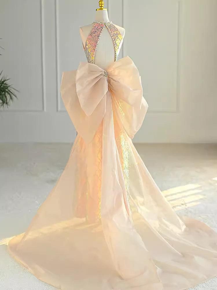 Vestido de fiesta largo dorado con lentejuelas, escote redondo y lazo, corte A brillante 