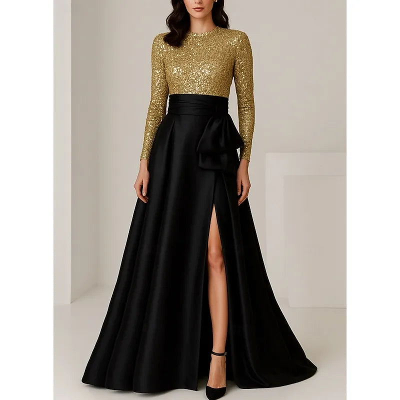 Sparkle Ball Gown Long Sleeve Crew Neck Sequins Bow Floor-Length Evening Dress