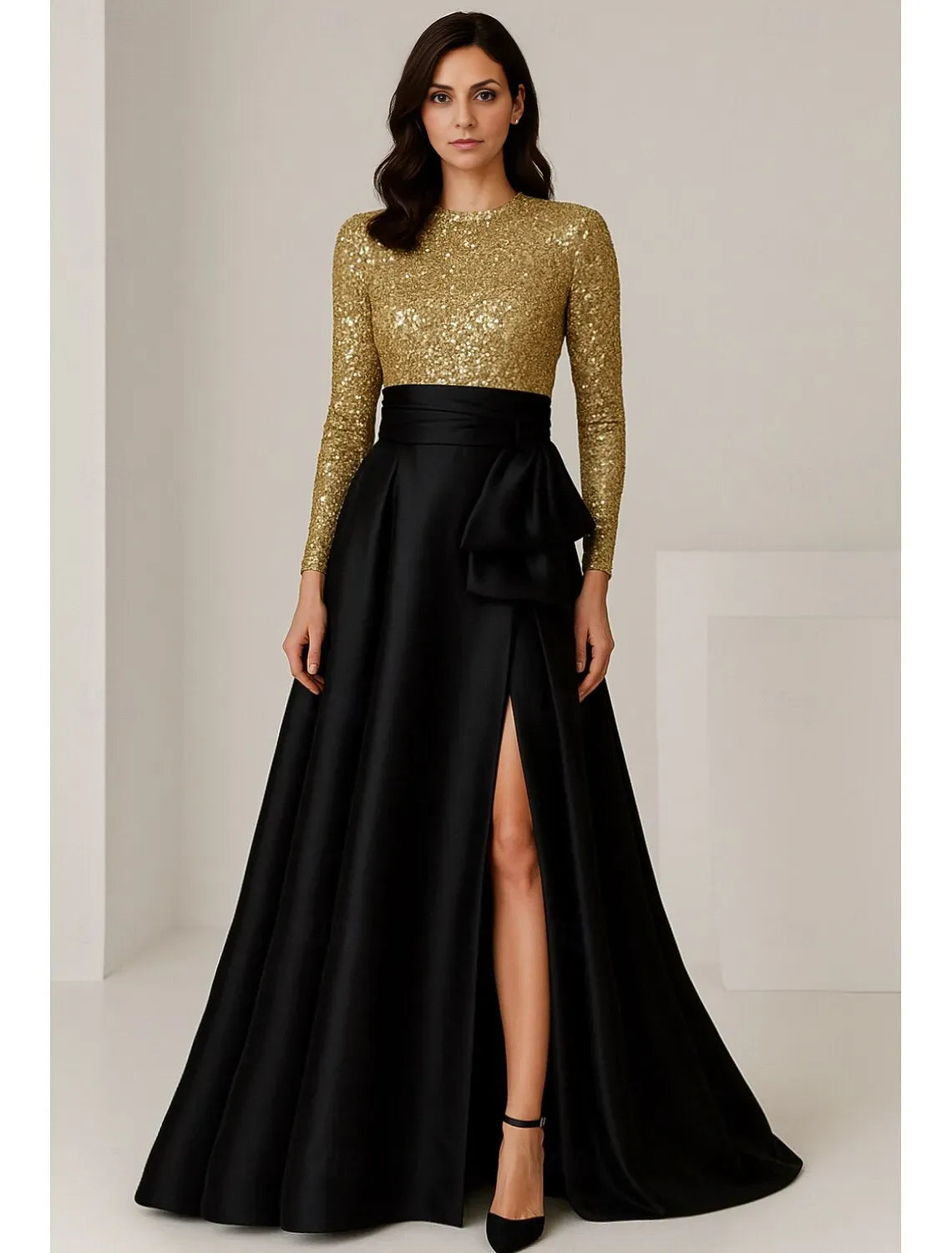 Sparkle Ball Gown Long Sleeve Crew Neck Sequins Bow Floor-Length Evening Dress