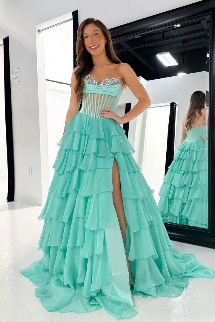 Sparkle Beaded Sweetheart Sleeveless Empire A-Line Chiffon Tiered Long Prom Dress