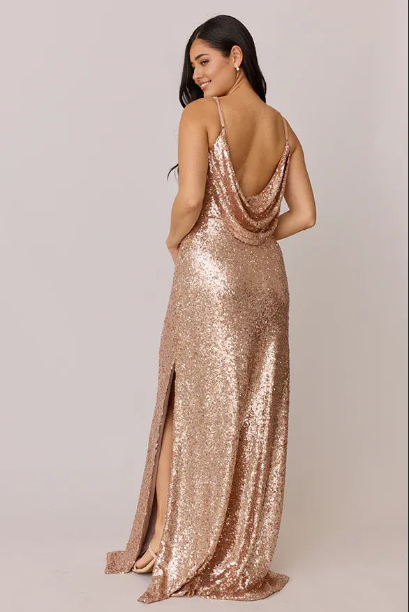 Sparkle Fitted Cowl Neck Sleeveless Sequin Floor-Length Prom Dress