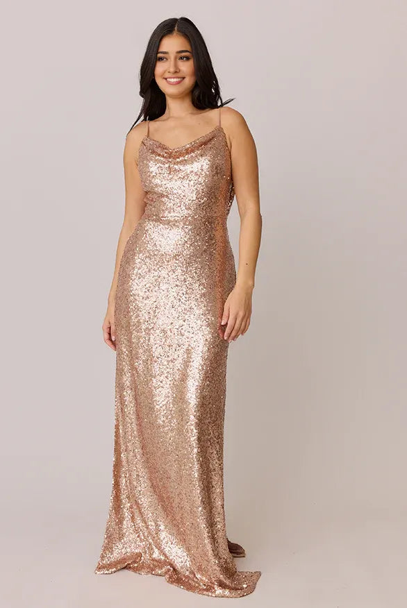 Sparkle Fitted Cowl Neck Sleeveless Sequin Floor-Length Prom Dress
