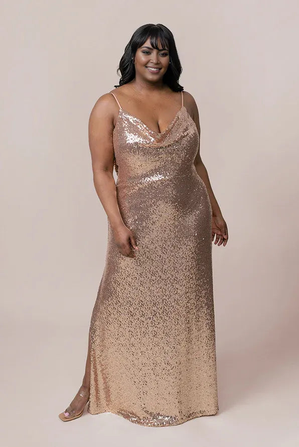 Sparkle Fitted Cowl Neck Sleeveless Sequin Floor-Length Plus Size Prom Dress