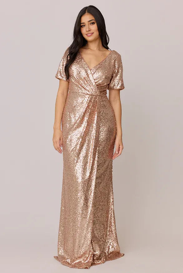 Sparkle Fitted V Neck Short Sleeve Sequin Floor-Length Prom Dress