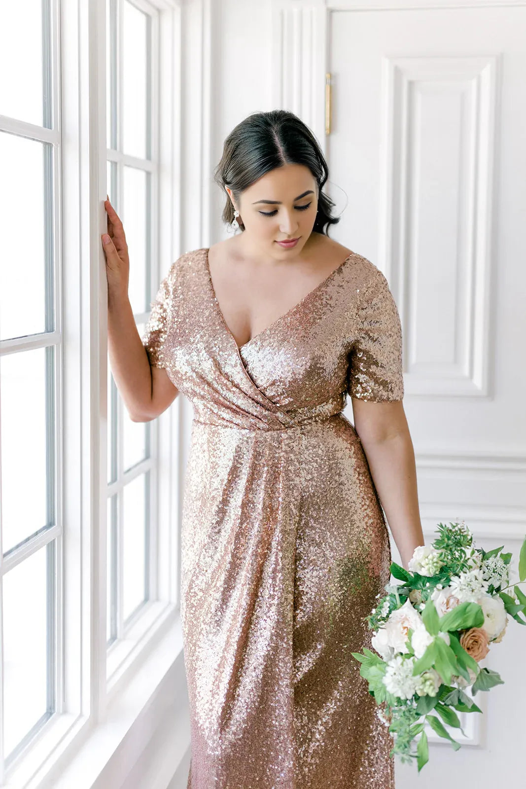 Sparkle Fitted V Neck Short Sleeve Sequin Floor-Length Plus Size Prom Dress