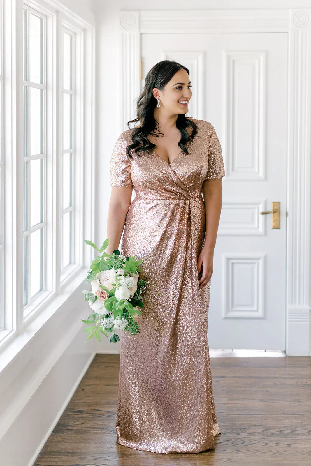 Sparkle Fitted V Neck Short Sleeve Sequin Floor-Length Plus Size Prom Dress