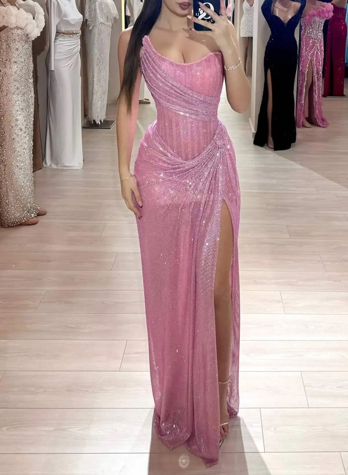 Sparkle Off-The-Shoulder Sleeveless Mermaid Split Sequined Floor-Length Evening Dress