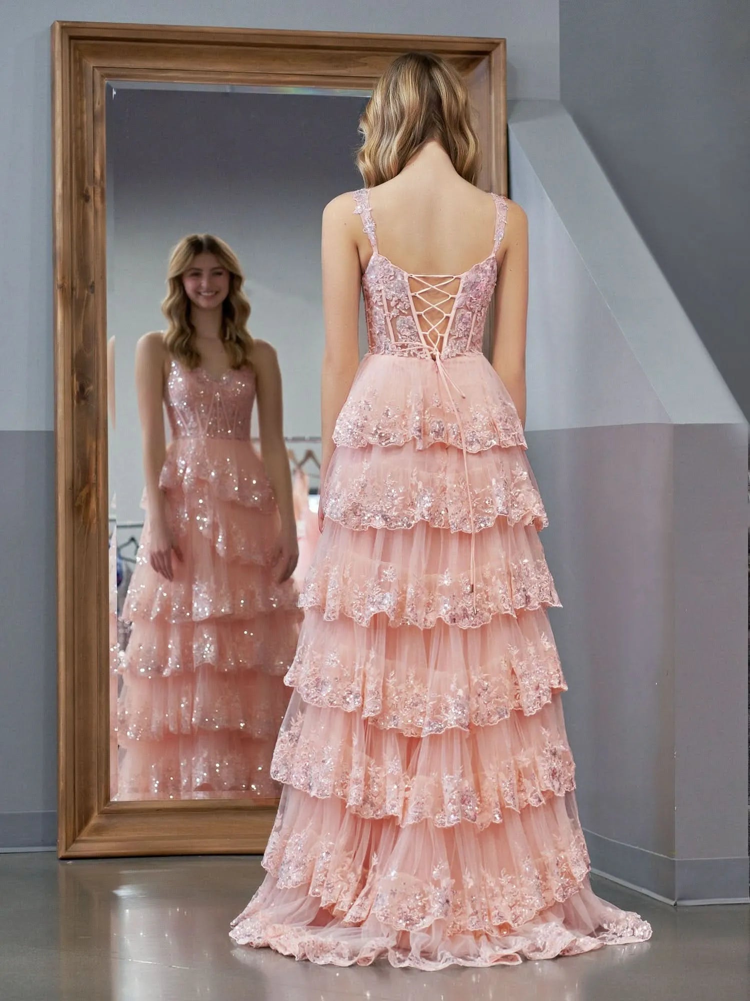 Sparkle Off-the-Shoulder Sleeveless A-Line Tulle Ruffles Long Prom Dress