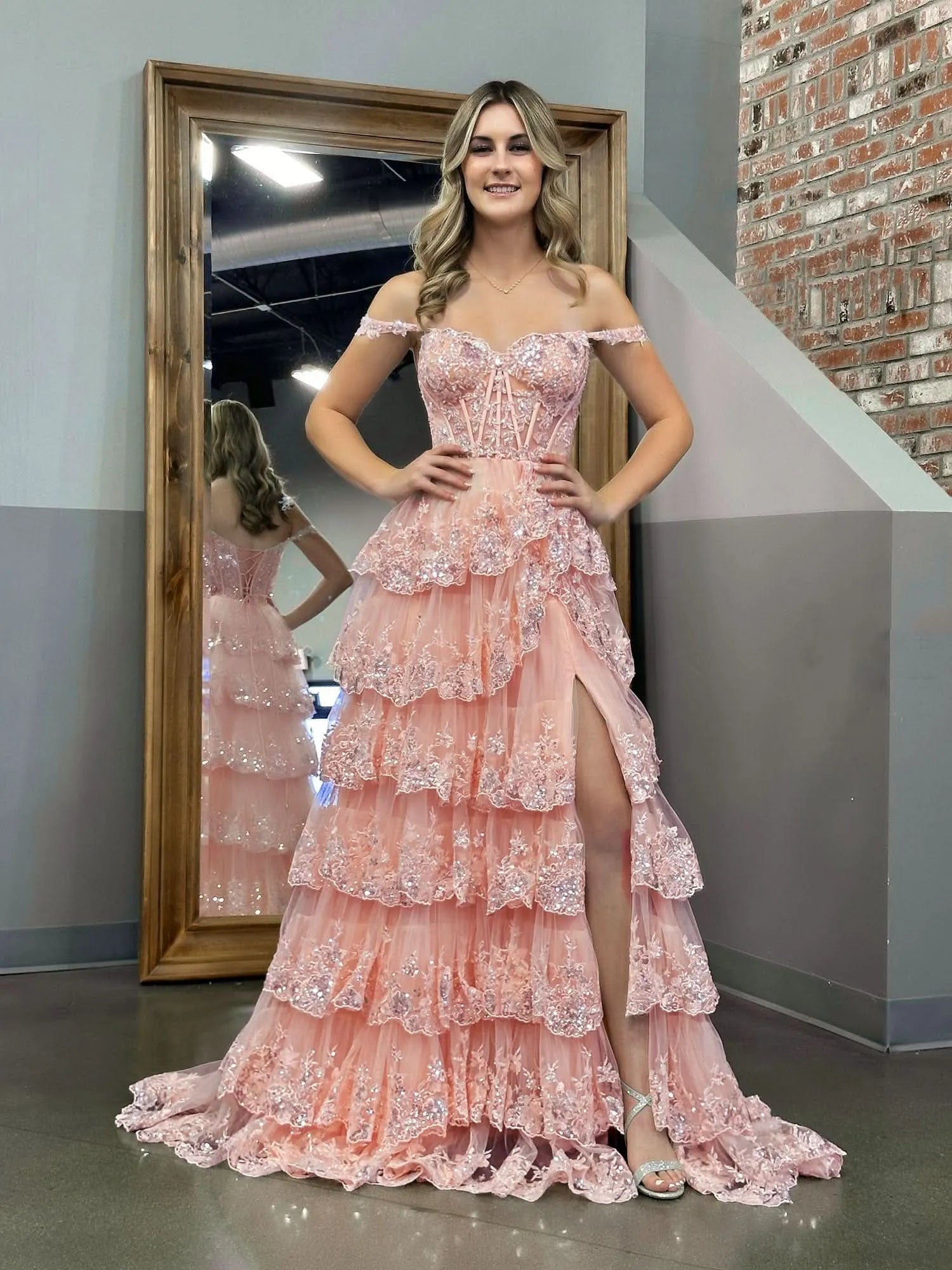 Sparkle Off-the-Shoulder Sleeveless A-Line Tulle Ruffles Long Prom Dress