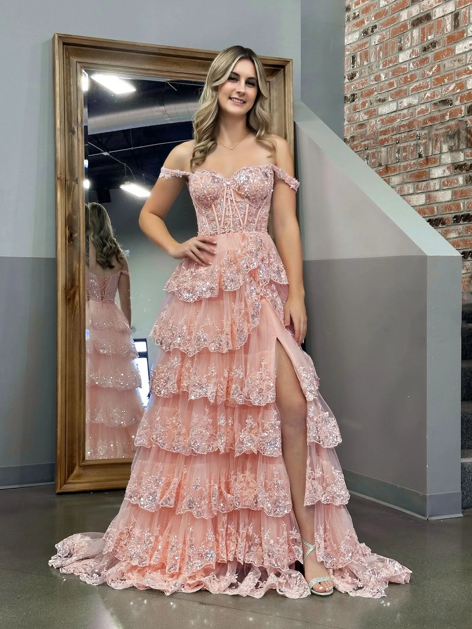 Sparkle Off-the-Shoulder Sleeveless A-Line Tulle Ruffles Long Prom Dress