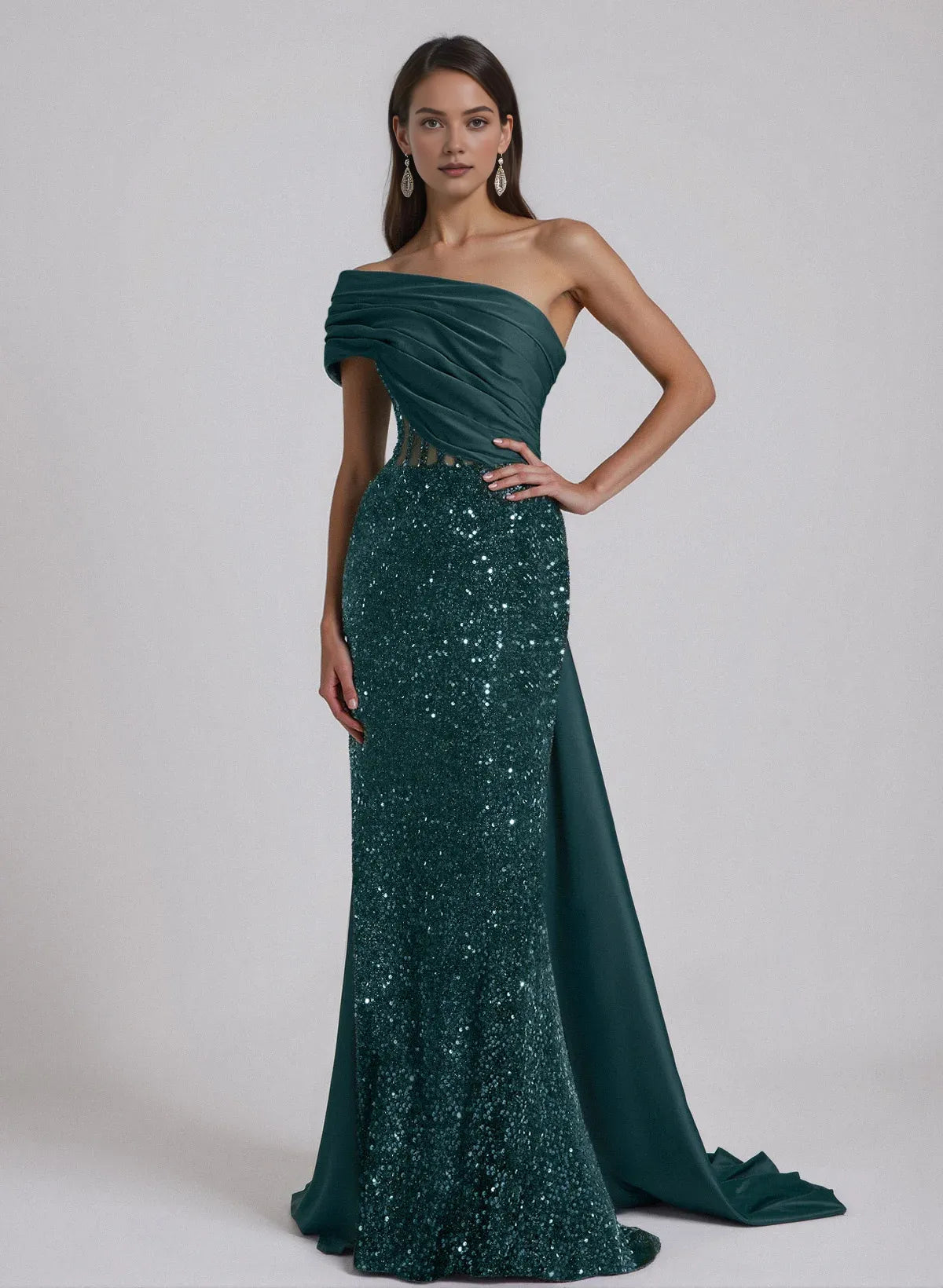 Sparkle One-Shoulder Sleeveless Sheath Ruched Satin Sweep Train Evening Dress