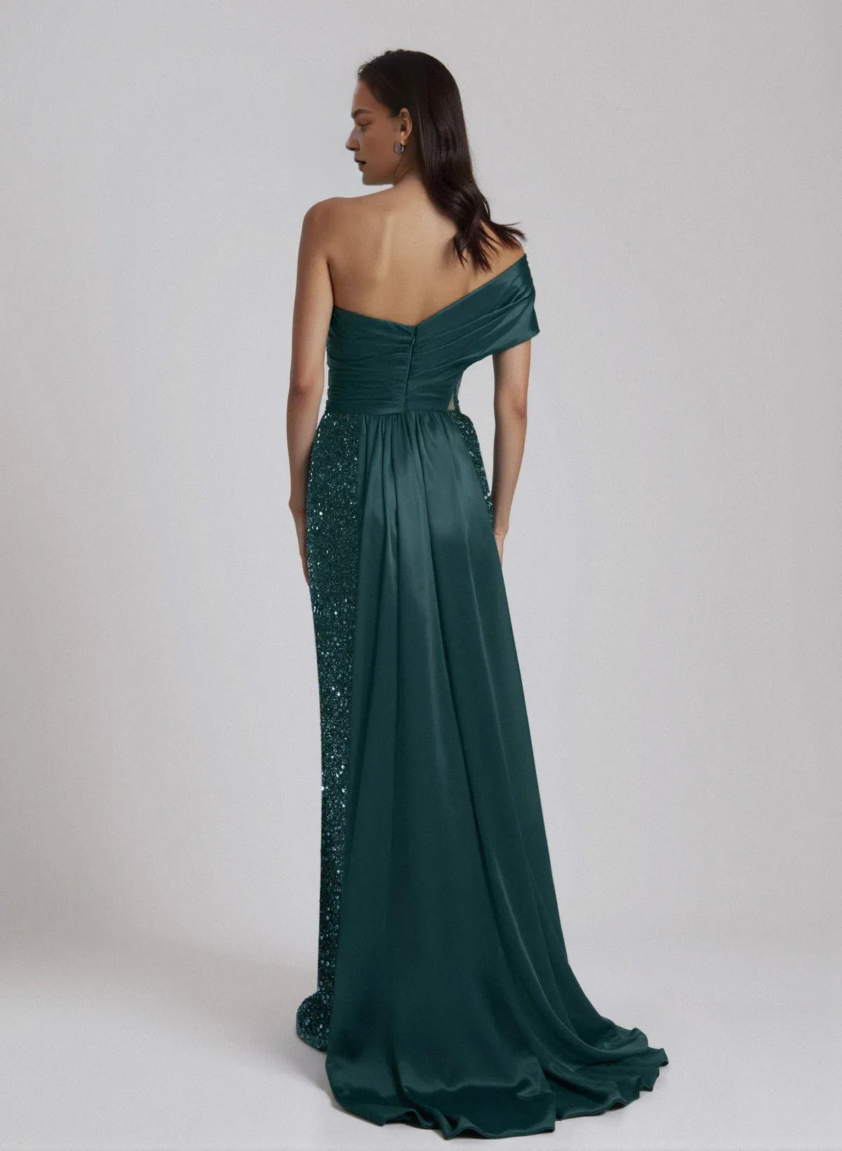 Sparkle One-Shoulder Sleeveless Sheath Ruched Satin Sweep Train Evening Dress