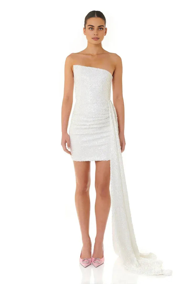 Sparkle Sheath/Column Off the Shoulder Sleeveless Sequins Short-Mini Wedding Dress