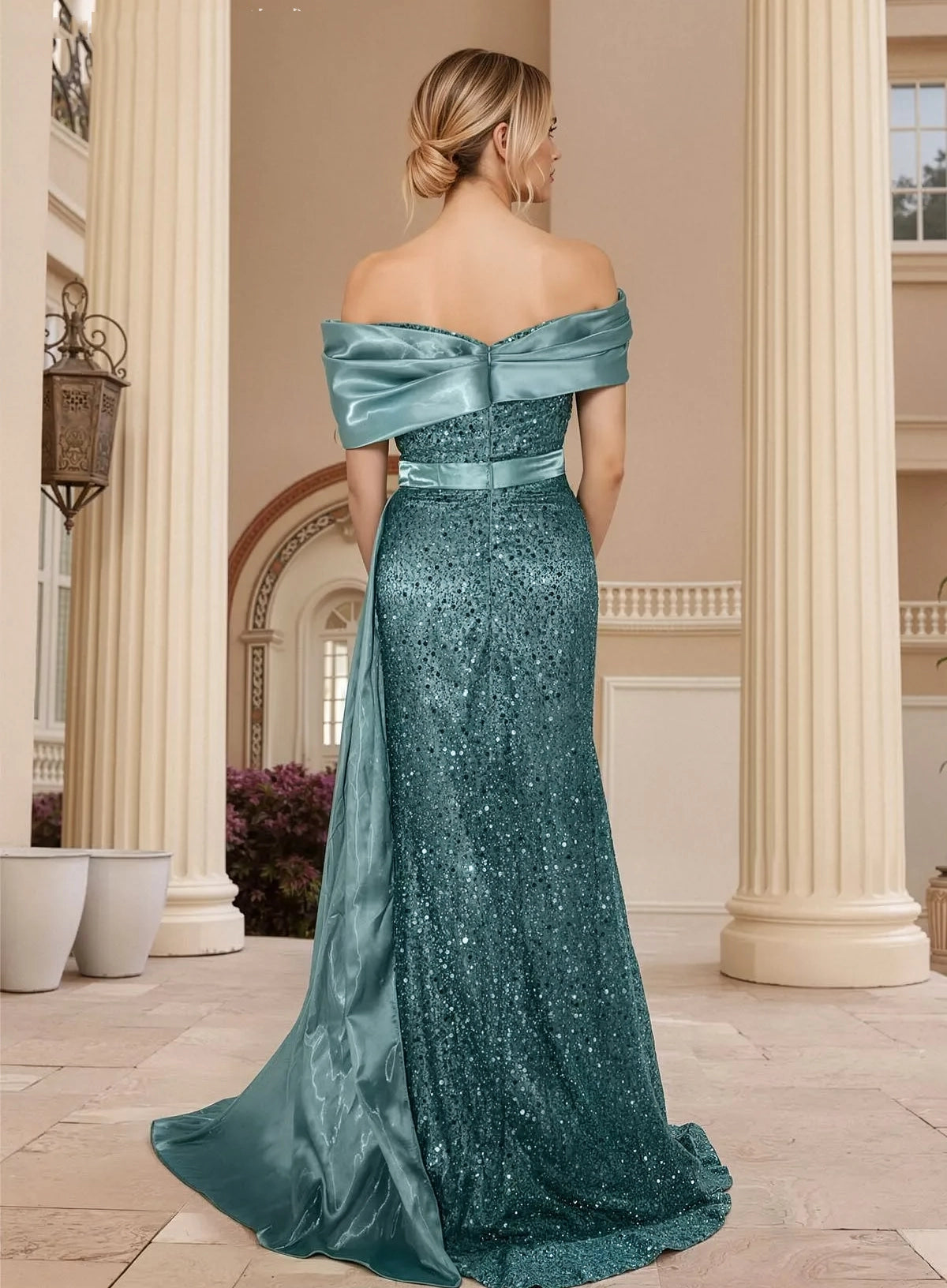 Sparkle Sheath Off the Shoulder Sleeveless Split Satin Sweep Train Prom Dress