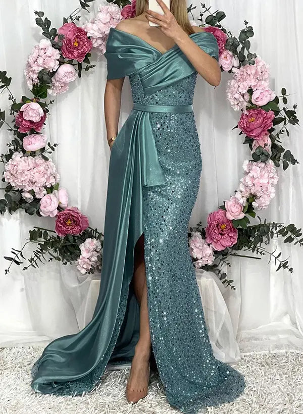 Sparkle Sheath Off the Shoulder Sleeveless Split Satin Sweep Train Prom Dress