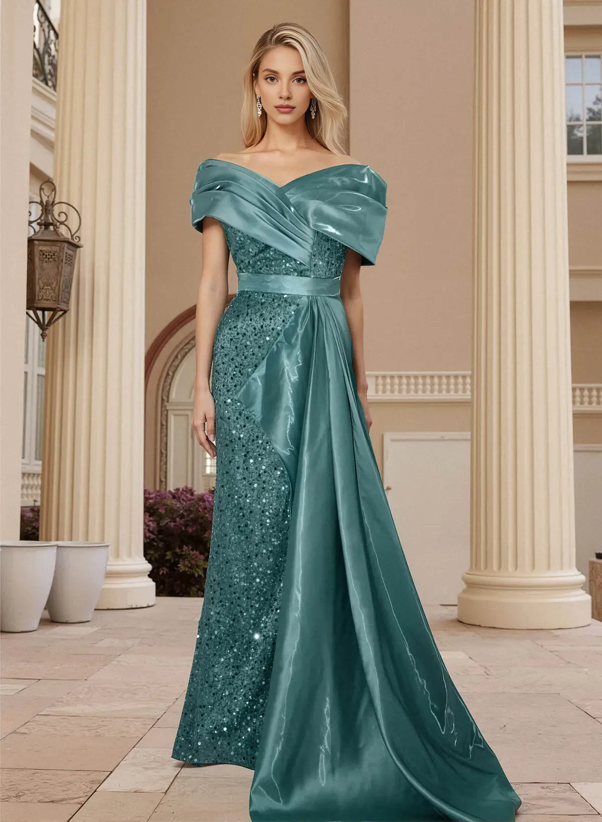 Sparkle Sheath Off the Shoulder Sleeveless Split Satin Sweep Train Prom Dress