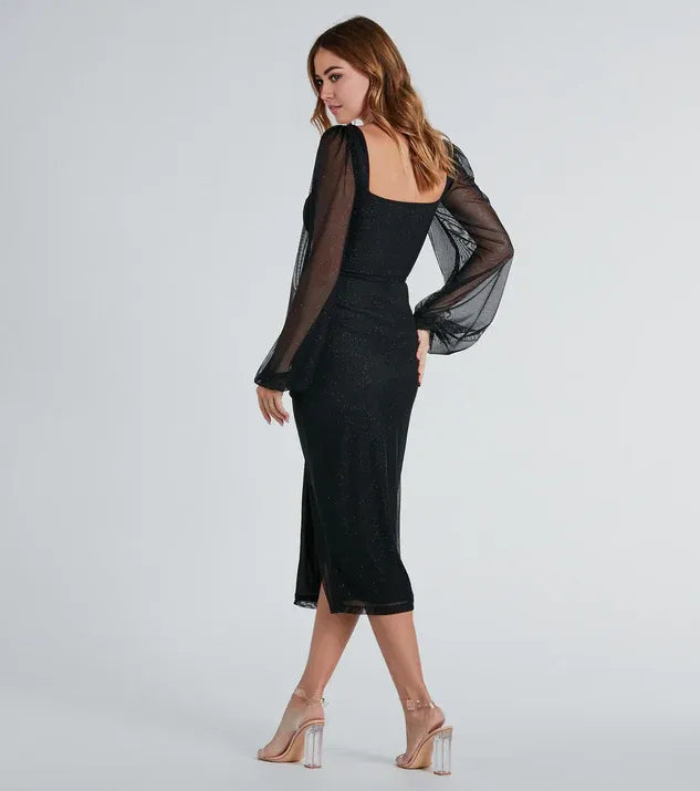 Sparkle & Shine Bodycon Square Neck Long Sleeve Backless Midi-length Prom Dress