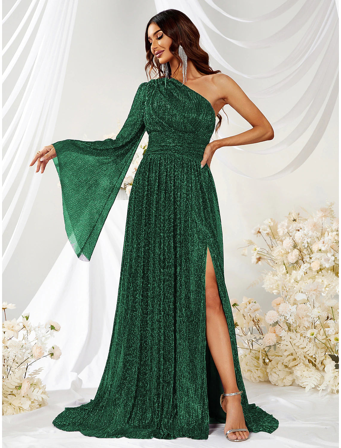 Close-up detail of the sparkling fabric and glitter slit on the Weitese A-line dress.