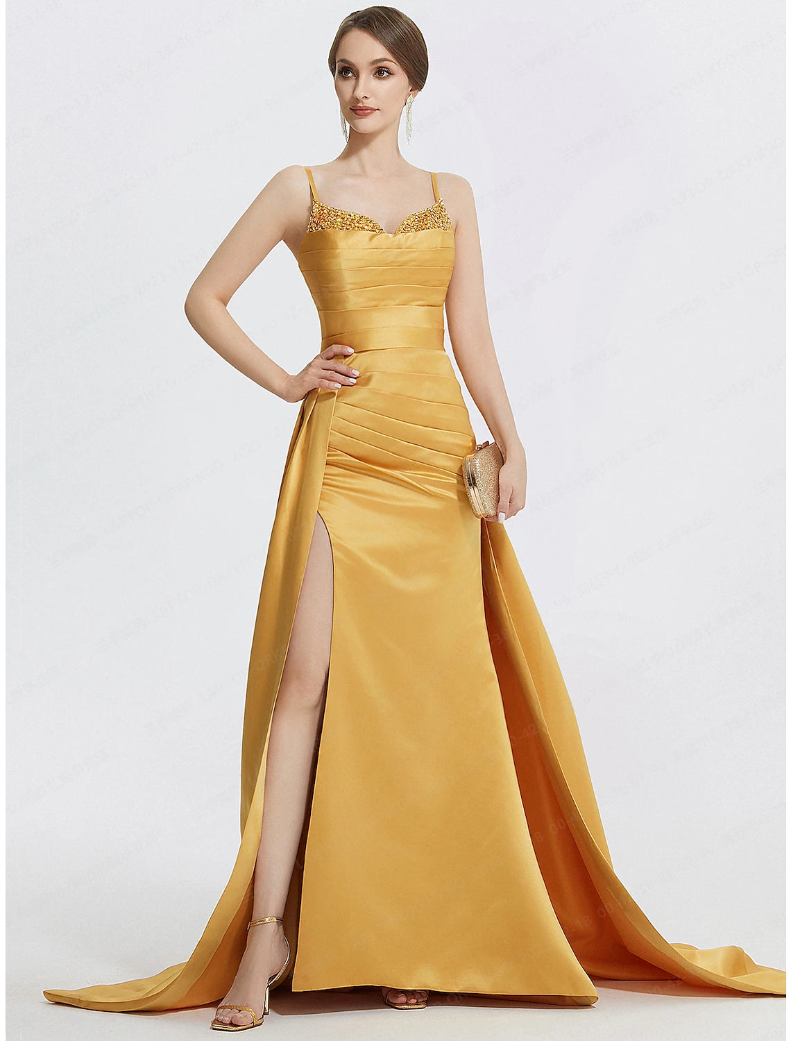 Back view of the A-line sparkling gown, showcasing the sweep train.