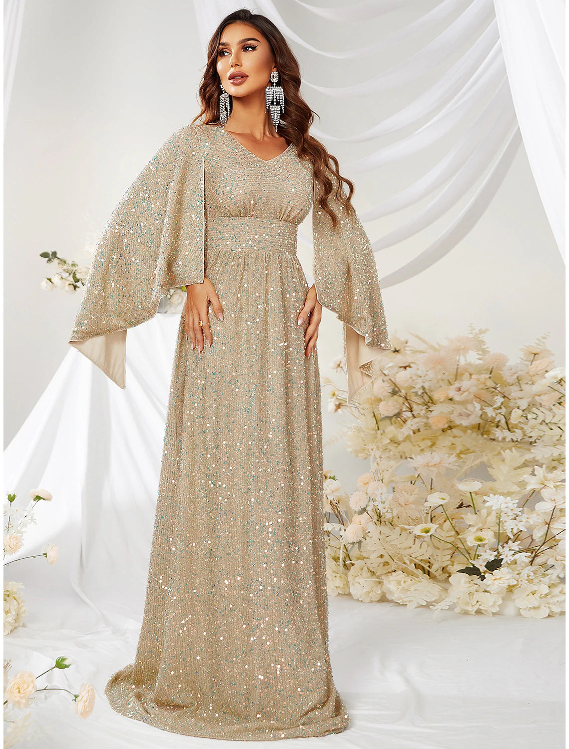 Back view of the sparkling A-line V-neck long-sleeve sequin evening gown, showing the sweep train.