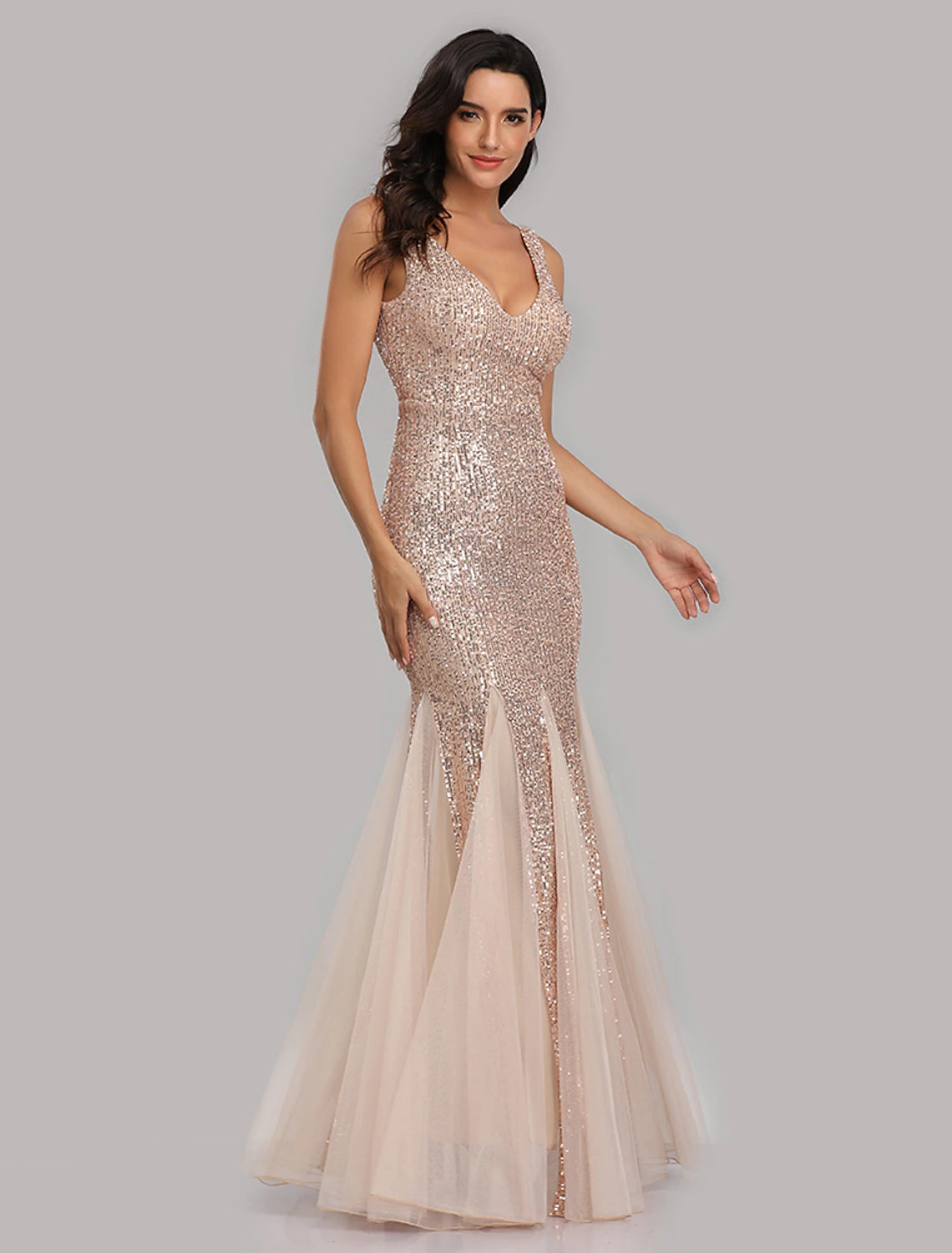 Close-up of sequin detail on the mermaid dress.