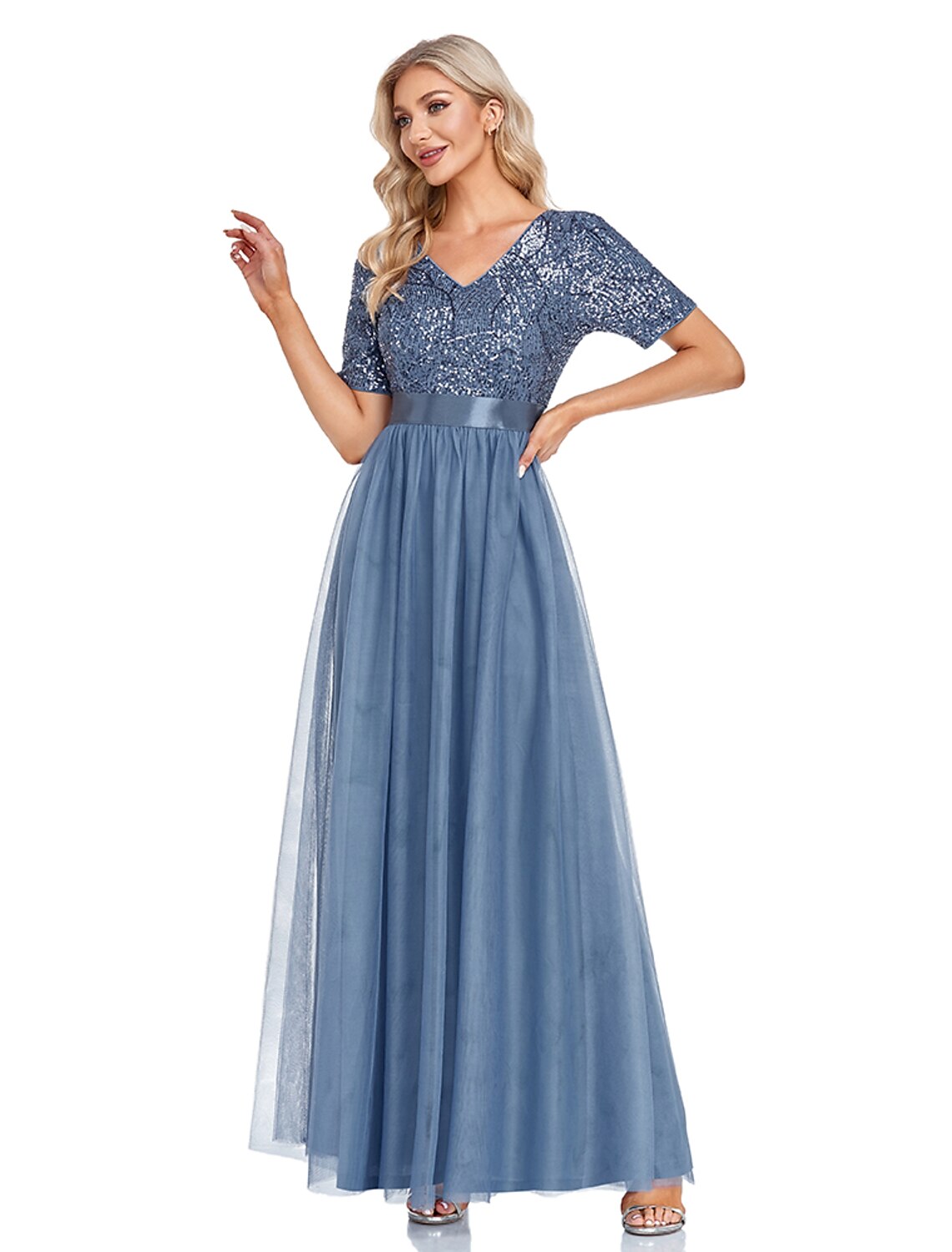Close-up of the sequined V-neck bodice and short sleeves of the navy A-line evening gown.