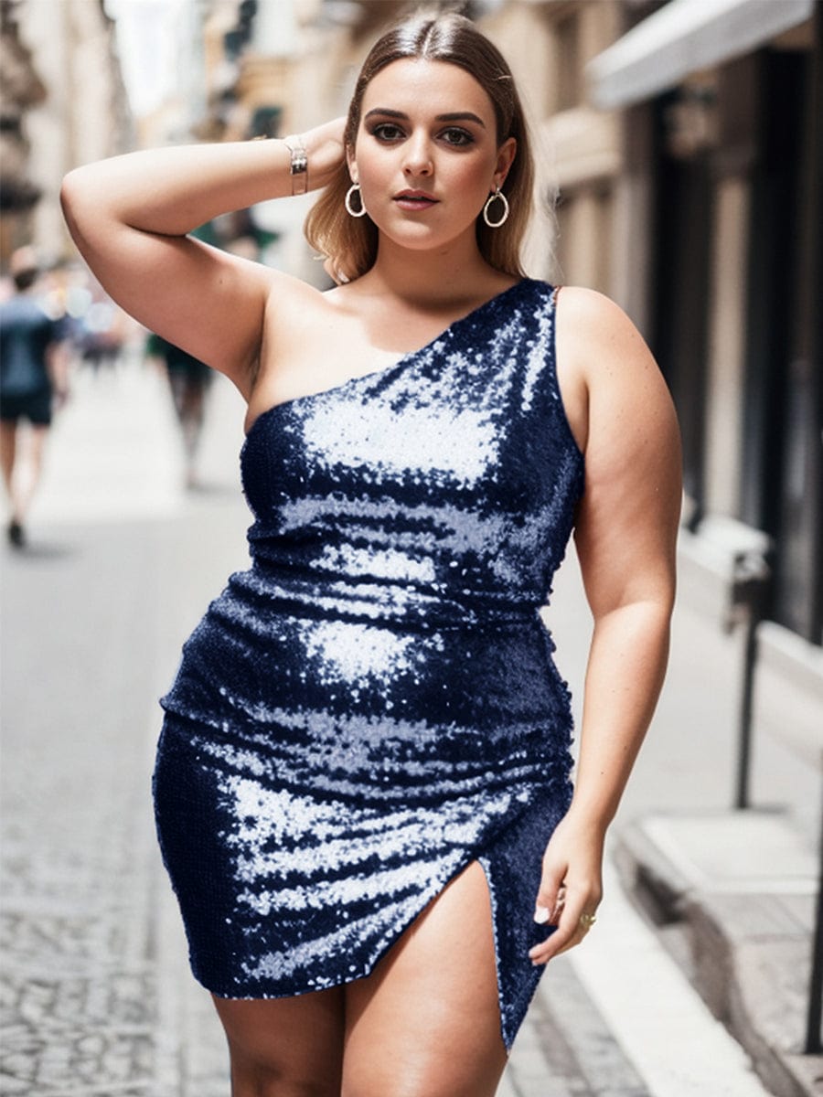 Plus size model in a navy blue sequin one-shoulder bodycon mini dress.