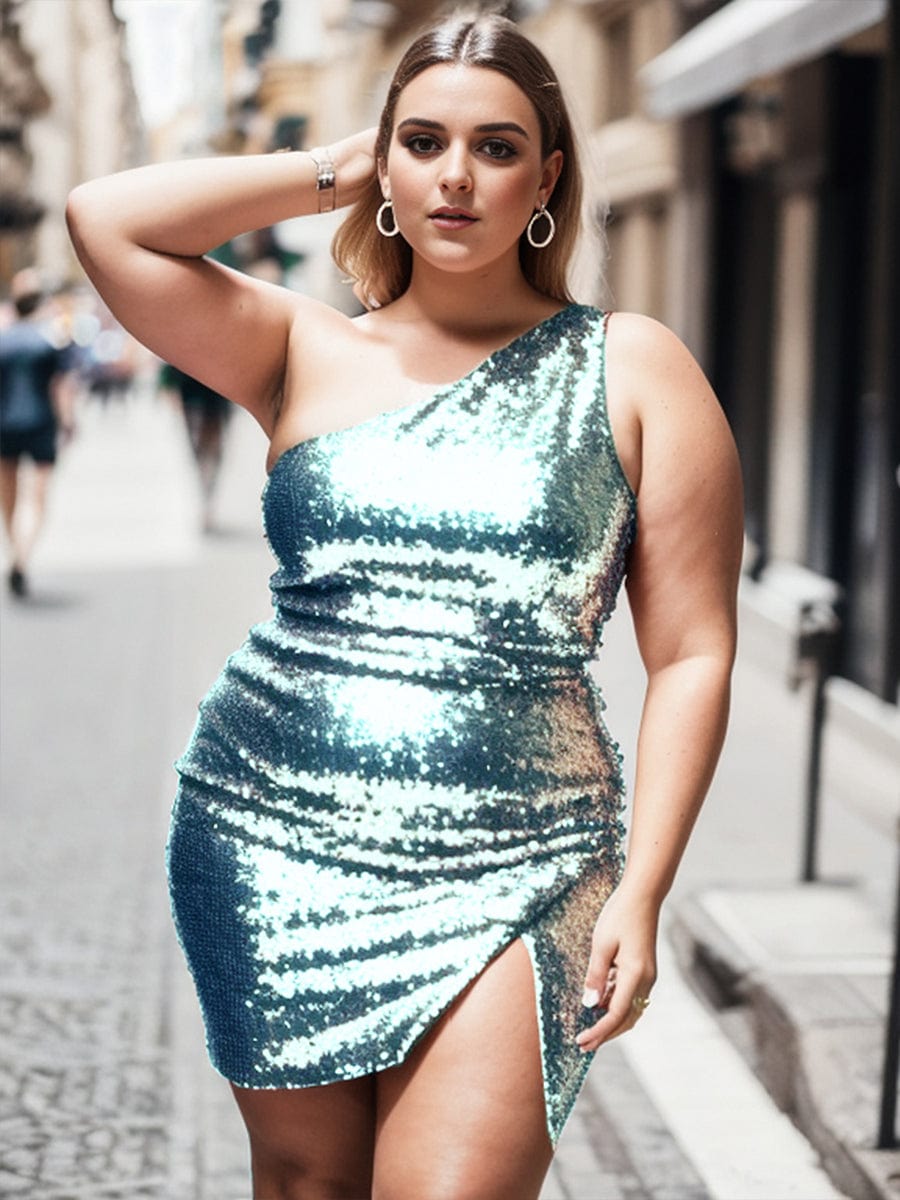Plus size model wearing a dark blue sequin one-shoulder bodycon mini dress.
