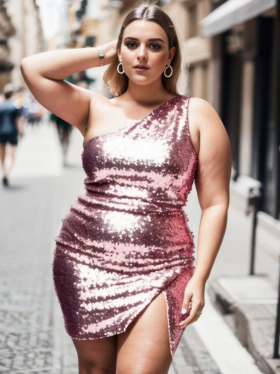 Plus size model in an olive green sequin one-shoulder bodycon mini dress.