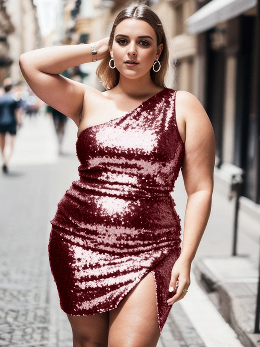 Plus size model in a burgundy sequin one-shoulder bodycon mini dress.