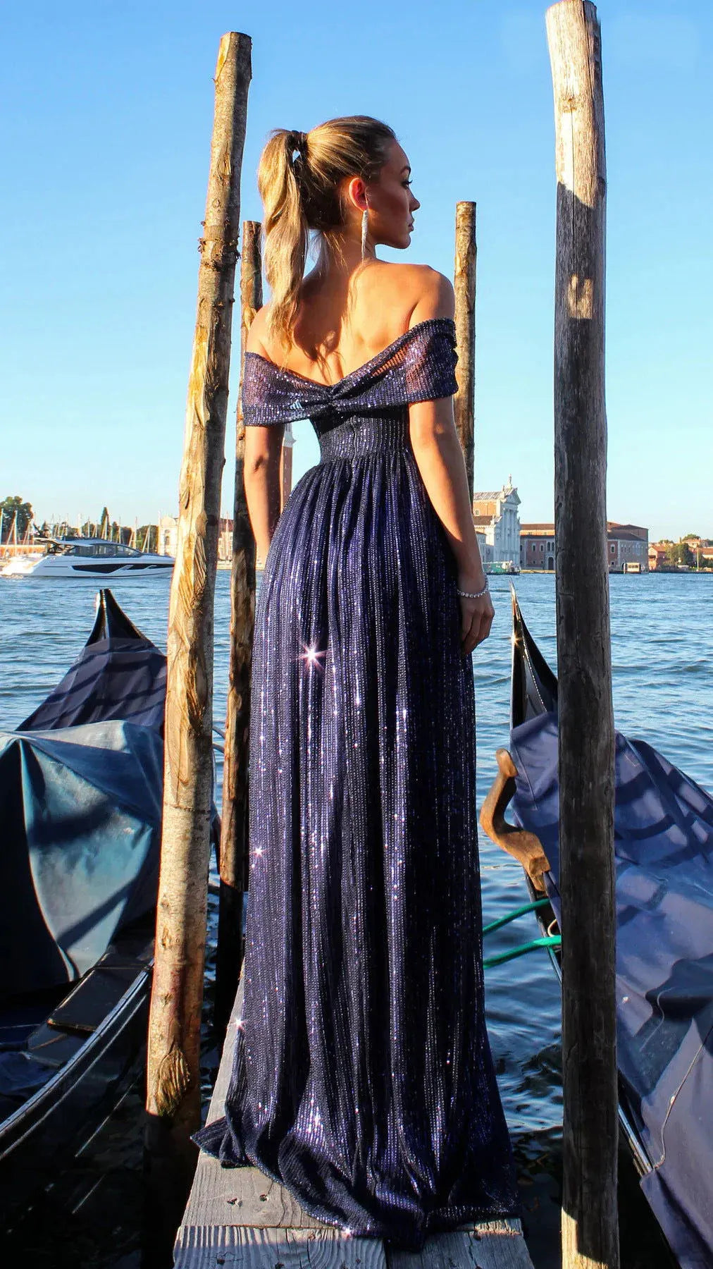 Sparkling A-Line Off-Shoulder Sequin Navy Blue Floor-Length Prom Dress With Slit