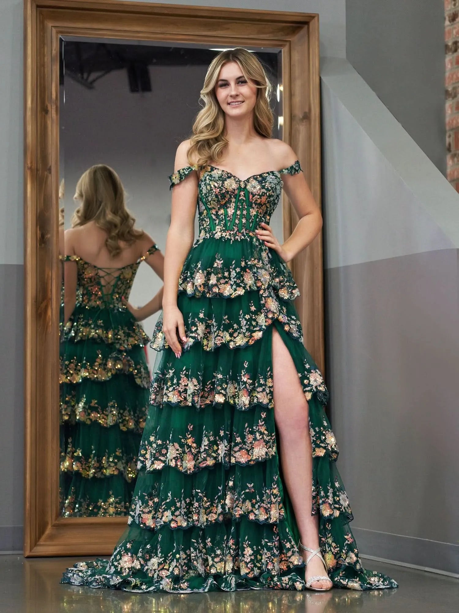 Sparkling Glitter Corset Sleeveless Princess Tulle Ruffles Long Prom Dress