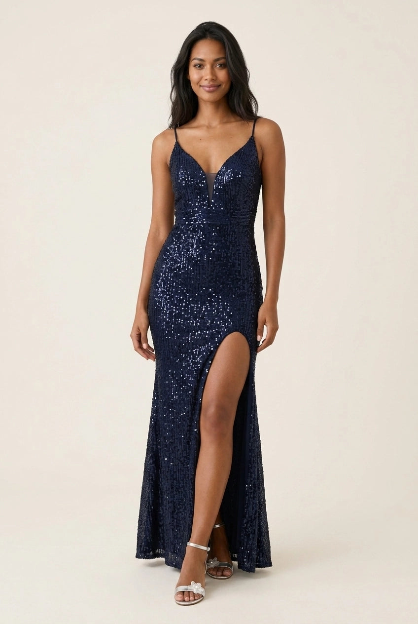 Sparkling Mermaid Spaghetti-Strap Beaded Slit Sequins Navy Blue Floor-Length Prom Dress