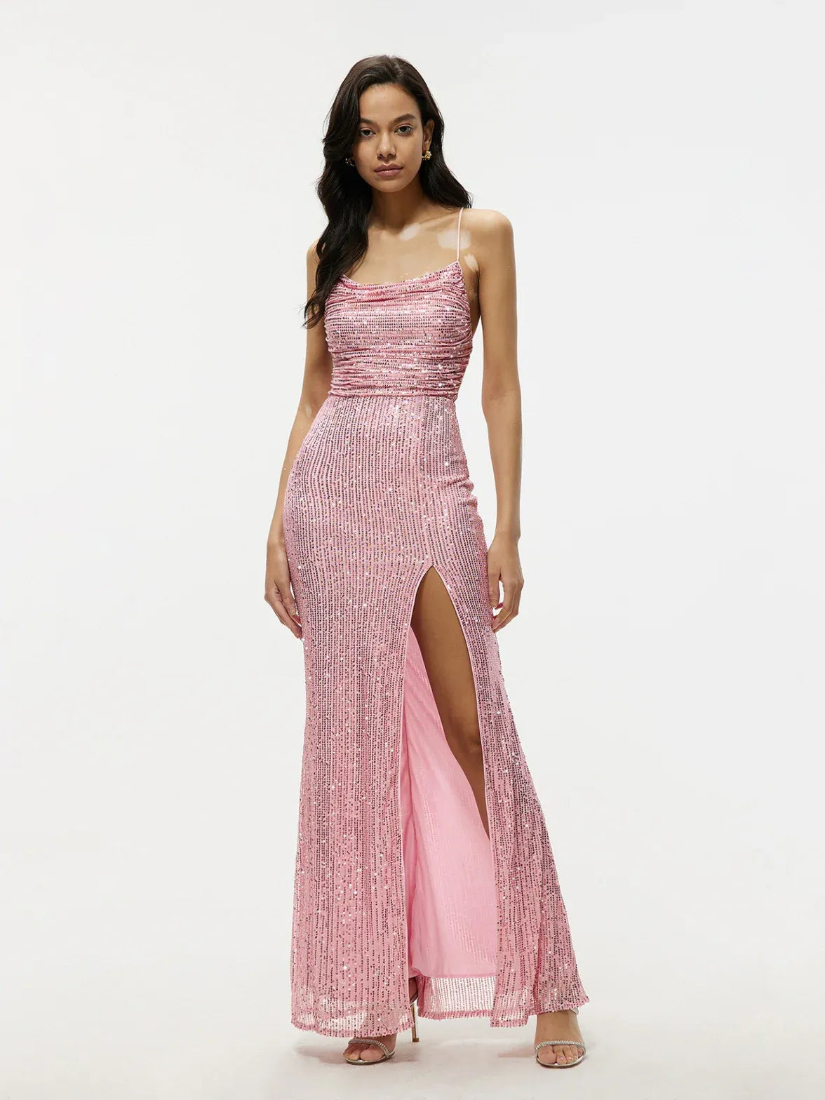 Sparkling Mermaid Spaghetti-Strap Ruched Sequins Pink Floor-Length Prom Dress