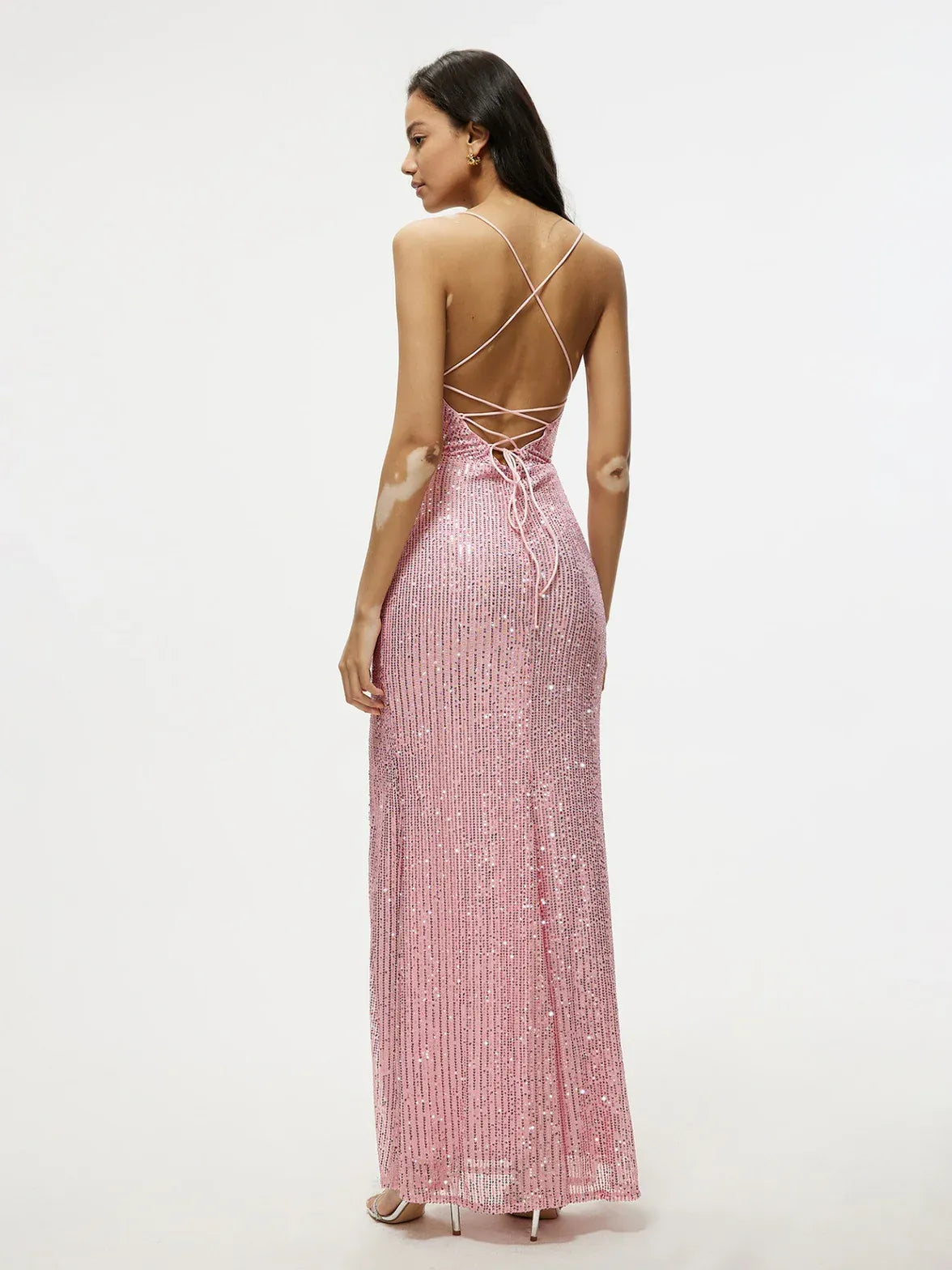 Sparkling Mermaid Spaghetti-Strap Ruched Sequins Pink Floor-Length Prom Dress