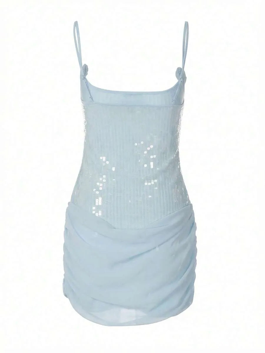 Sparkling Sheath Spaghetti Straps Ruched Sequin Light Blue Mini Homecoming Dress