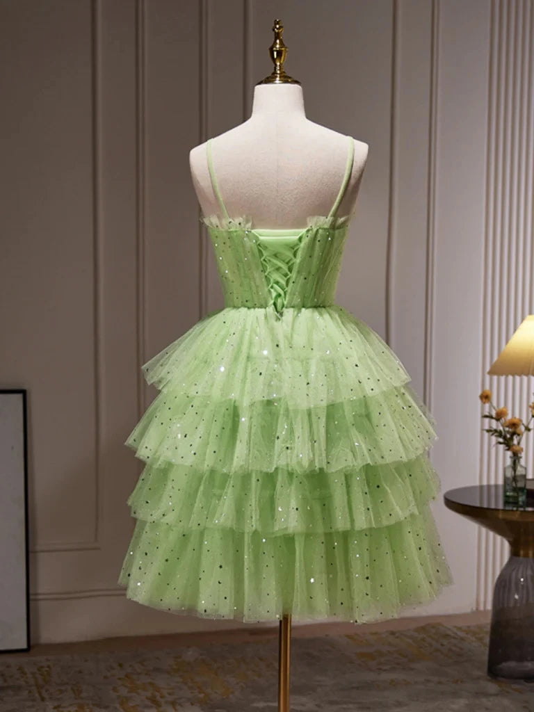 Sparkling A-Line Spaghetti Strap Tiered Sequins Tulle Light Green Short Homecoming Dress