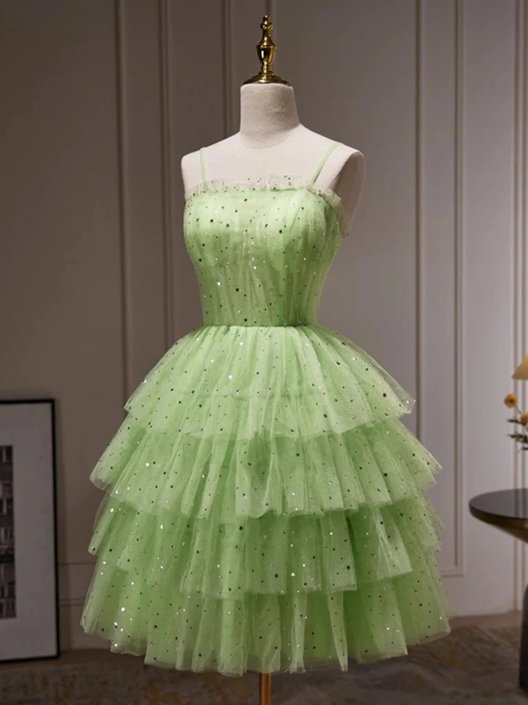 Sparkling A-Line Spaghetti Strap Tiered Sequins Tulle Light Green Short Homecoming Dress